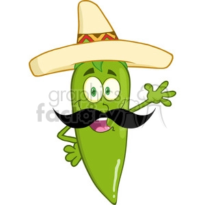 6798 Royalty Free Clip Art Smiling Green Chili Pepper Cartoon Character With Mexican Hat And Mustache Waving For Greeting