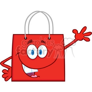 6723 Royalty Free Clip Art Smiling Red Shopping Bag Cartoon Mascot Character Waving For Greeting