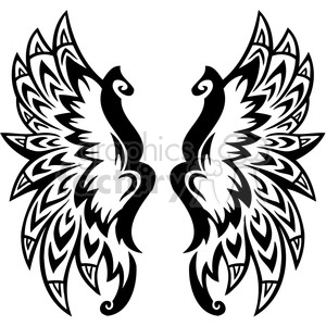 A tribal style black and white illustration of a pair of symmetrical wings featuring intricate patterns and bold lines.