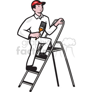 The clipart image depicts a cartoon character of a painter standing on a ladder, holding a paintbrush and a can of paint. The image is meant to be humorous and playful, with exaggerated features and bold colors. It portrays the painter as being focused and determined while working on a painting project.
