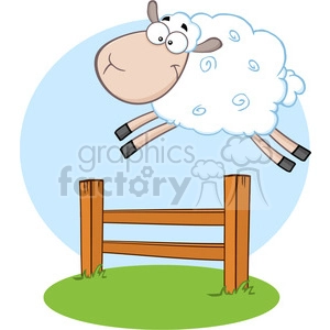 The clipart image features a cartoon sheep or lamb with a comical expression, large round eyes with spectacles, and a fluffy white wool body. The sheep is in a jumping pose over a brown wooden fence in what appears to be a green meadow with a blue sky in the background.