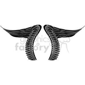 A black and white clipart image featuring stylized, symmetrical wings with elaborate feather details.