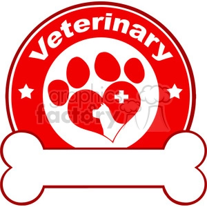 A red and white veterinary clipart image featuring a paw print with a silhouette of a dog's head inside a heart, a cross symbol, and stars. The word 'Veterinary' is prominently displayed in the upper part of the image with a bone at the bottom.