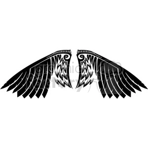 Illustration of a pair of black, symmetrical wings with intricate feather details, done in a tribal tattoo style.