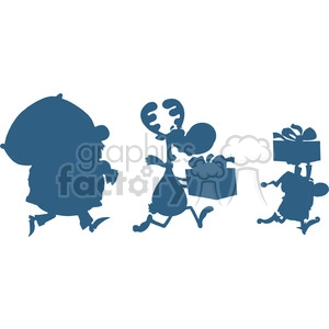 Blue Santa Claus Reindeer And Elf Running In Christmas Night Silhouettes Design Card