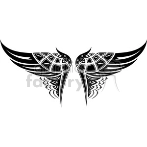 A tribal-style black and white clipart illustration of symmetrical wings with intricate patterns.