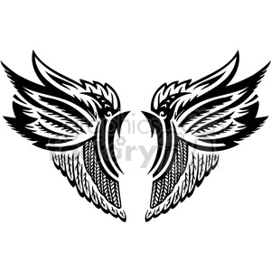A symmetrical tribal tattoo design featuring two stylized birds facing each other. The intricate black and white artwork includes detailed feathers and bold lines.
