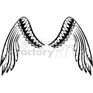 A black and white clipart image of symmetrical angel wings with detailed feather outlines.