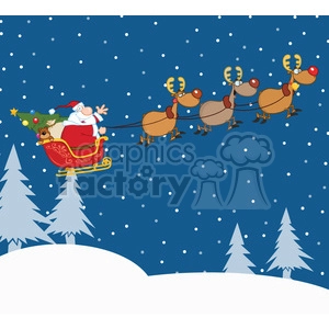 Clipart Illustration Santa Claus In Flight With His Reindeer And Sleigh In Christmas Night