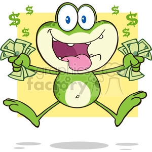 7272 Royalty Free RF Clipart Illustration Crazy Green Frog Cartoon Character Jumping With Cash