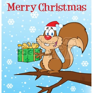 Royalty Free RF Clipart Illustration Happy Squirrel With Santa Hat Holding A Gift Under Merry Christmas Text