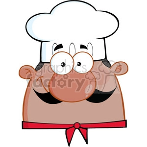 The image is a colorful clipart of a cheerful cartoon chef. The chef is depicted with a large white chef's hat, big round eyes, eyebrows raised in a joyful expression, a wide smile, and wearing a red necktie or kerchief. The character appears jovial and friendly, typical of illustrations used to represent chefs in a whimsical or approachable fashion, often for restaurants, food services, or children's content.