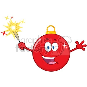 Royalty Free RF Clipart Illustration Happy Red Christmas Ball Cartoon Mascot Character Holding A Sparkler
