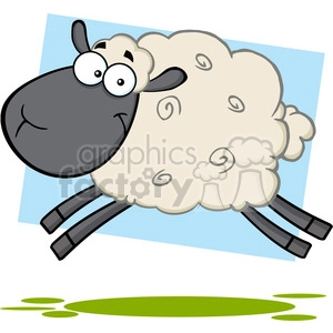 The image is a cartoon clipart of a sheep. The sheep has large googly eyes, a happy expression, and its woolly body is fluffy with swirl patterns. The sheep's limbs are splayed out as if it's jumping or frolicking. The background suggests a bright day with a simple depiction of the ground or grass at the bottom.