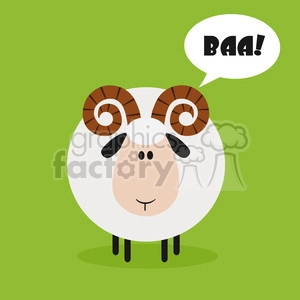 This clipart image depicts a stylized cartoon ram standing against a green background. The ram has a round, fluffy white body with a cute face featuring simple eyes, nose, and a smiling mouth. Its horns are prominently displayed with a brown and cream spiral pattern, and its legs are short with black coloring. The ram is saying BAA! which is displayed in a white speech bubble.