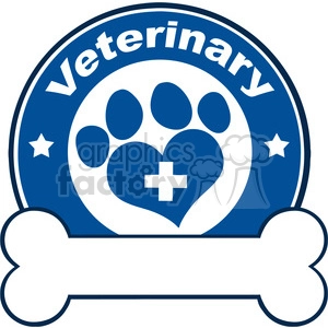 A veterinary-themed clipart image featuring a blue circular emblem with a white paw print, a heart with a medical cross inside, stars, the text 'Veterinary,' and a blank white bone at the bottom.