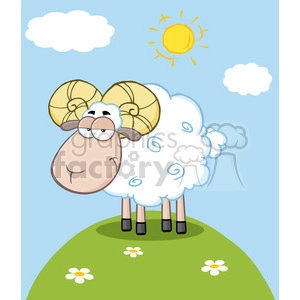 Funny Cartoon Sheep with Big Horns on Grassy Hill