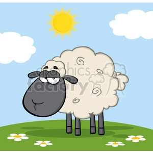 This is a colorful and humorous clipart image featuring a cartoon sheep. The sheep has a large, fluffy white body with swirly fur patterns, a prominent gray face with a relaxed expression. The sheep is standing on a green hill with a few white flowers, under a bright sunny sky with a few fluffy white clouds.
