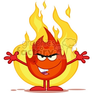 Royalty Free RF Clipart Illustration Evil Fire Cartoon Mascot Character With Open Arms In Front Of Flames