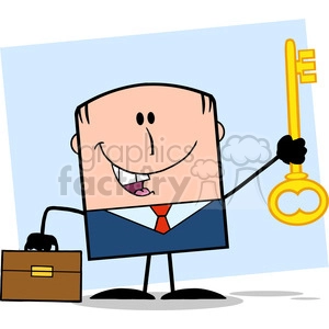 Royalty Free RF Clipart Illustration Happy Businessman With Briefcase Holding A Golden Key Cartoon Character On Background