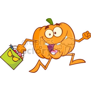 Royalty Free RF Clipart Illustration Goofy Halloween Pumpkin Cartoon Mascot Character Running With Bag Of Candy