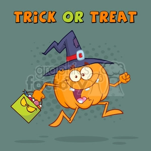 8900 Royalty Free RF Clipart Illustration Funny Witch Pumpkin Cartoon Character Running With A Halloween Candy Basket Vector Illustration Greeting Card