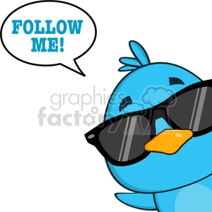 8832 Royalty Free RF Clipart Illustration Cute Blue Bird With Sunglasses Cartoon Character Looking From A Corner With Speech Bubble And Text Vector Illustration Isolated On White