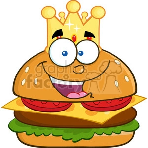 8520 Royalty Free RF Clipart Illustration Happy King Hamburger Cartoon Character With Gold Crown Vector Illustration Isolated On White