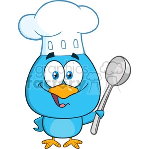 8820 Royalty Free RF Clipart Illustration Chef Blue Bird Cartoon Character Holding A Spoon Vector Illustration Isolated On White
