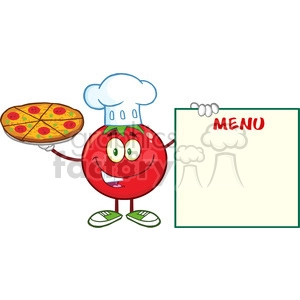 8397 Royalty Free RF Clipart Illustration Red Tomato Chef Cartoon Mascot Character Holding A Pizza And Menu Board Vector Illustration Isolated On White