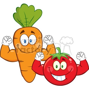 8401 Royalty Free RF Clipart Illustration Carrot And Tomato Cartoon Mascot Characters Showing Muscle Arms Vector Illustration Isolated On White