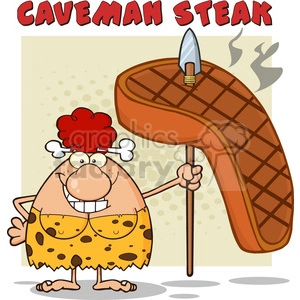 smiling red hair cave woman cartoon mascot character holding a spear with big grilled steak vector illustration with text caveman steak