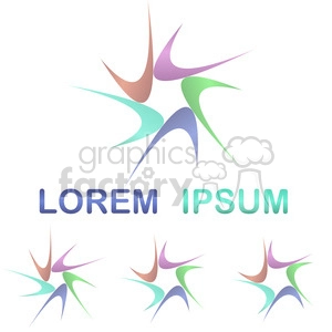 A clipart image featuring the phrase 'Lorem Ipsum' and colorful abstract star-like designs. The text is in gradient blue and green hues, and the design elements are in a combination of purple, green, orange, and blue.