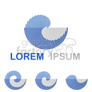 This is a clipart image featuring a stylized, concentric circle design in blue and grey, resembling a nautilus shell or spiral. The main graphic is accompanied by 'Lorem Ipsum' text. There are three additional, smaller versions of the main graphic positioned below it.