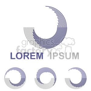 Modern abstract circular clipart composed of concentric lines with 'Lorem Ipsum' text. Various configurations of incomplete circles in grayish and blue shades.