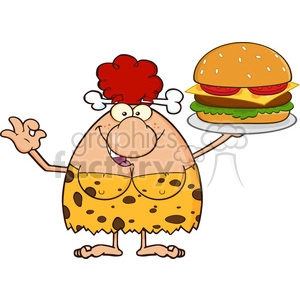 10069 red hair cave woman cartoon mascot character holding a big burger and gesturing ok vector illustration