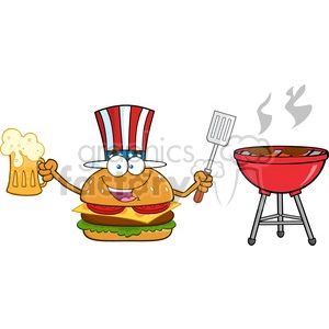 illustration american burger cartoon mascot character holding a beer and bbq slotted spatula by a grill vector illustration isolated on white background