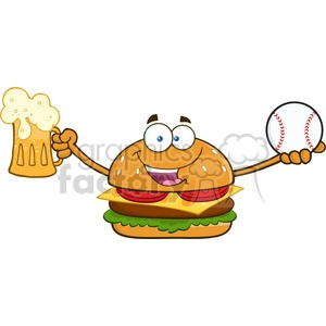 illustration happy burger cartoon mascot character holding a beer and baseball ball vector illustration isolated on white background