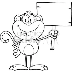 A cheerful cartoon monkey holding a wooden sign with a blank space, suitable for customization and various messages.