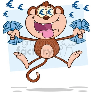 A cartoon monkey holding stacks of euro banknotes. The monkey has euro signs in its eyes and is jumping with excitement. Blue euro symbols float around the monkey's head.