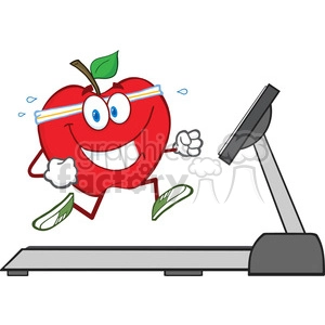 Clipart image of a smiling red apple with arms and legs, wearing a headband and running on a treadmill. The apple appears to be sweating, indicating physical activity.