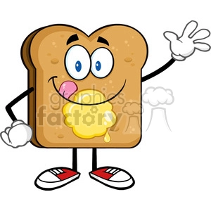 royalty free rf clipart illustration happy toast bread cartoon character licking his lips with butter waving vector illustration isolated on white background