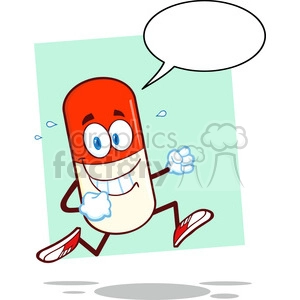 A cheerful, anthropomorphic pill character with a red top and white bottom, running energetically. The character has a big smile, blue eyes, and is wearing red and white sneakers. A speech bubble is floating above the character's head, indicating it's ready to deliver a message.