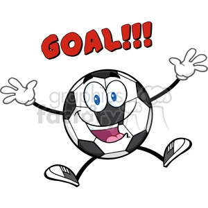 The clipart image features an anthropomorphic soccer ball with a smiling face, arms, and legs, appearing to be celebrating a goal. The soccer ball has big cartoonish eyes and a wide-open mouth indicating excitement or joy. Above the soccer ball character, the word GOAL!!! is written in bold, red, 3D letters.