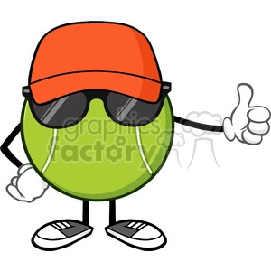 tennis ball faceless cartoon mascot character with hat and sunglasses giving a thumb up vector illustration isolated on white background