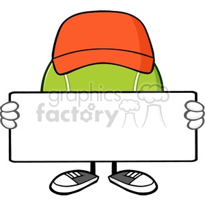 tennis ball faceless cartoon mascot character with hat holding a blank sign vector illustration isolated on white background