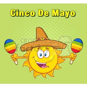 happy colorful sun cartoon mascot character with sombrero hat playing maracas vector illustration halftone background and text cinco de mayo