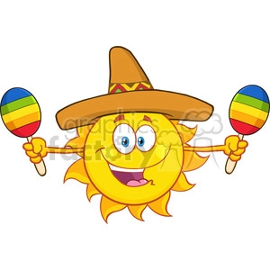 happy colorful sun cartoon mascot character with sombrero hat playing maracas vector illustration isolated on white background