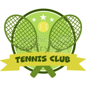 The clipart image features two crossed tennis rackets behind a tennis ball, which is placed in the center of a green circular background with three white stars above the ball. There is a golden yellow ribbon banner across the bottom of the circle with the words TENNIS CLUB written on it in green. The ribbon overlaps two crossed green tennis rackets' handles that appear behind the circular background.