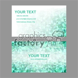 Clipart image depicting a modern geometric business card template. The design features a green and white polygonal pattern and placeholders for text, including contact information such as phone number, email address, street address, and website.